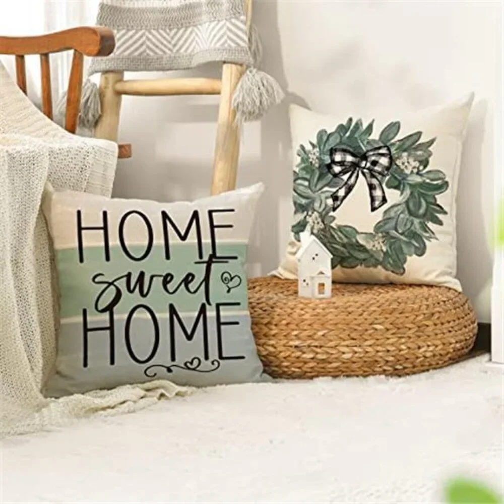 4 Pack Fall Sweet Home Eucalyptus Lamb Ear Wreath Throw Pillow Covers NO INSERT